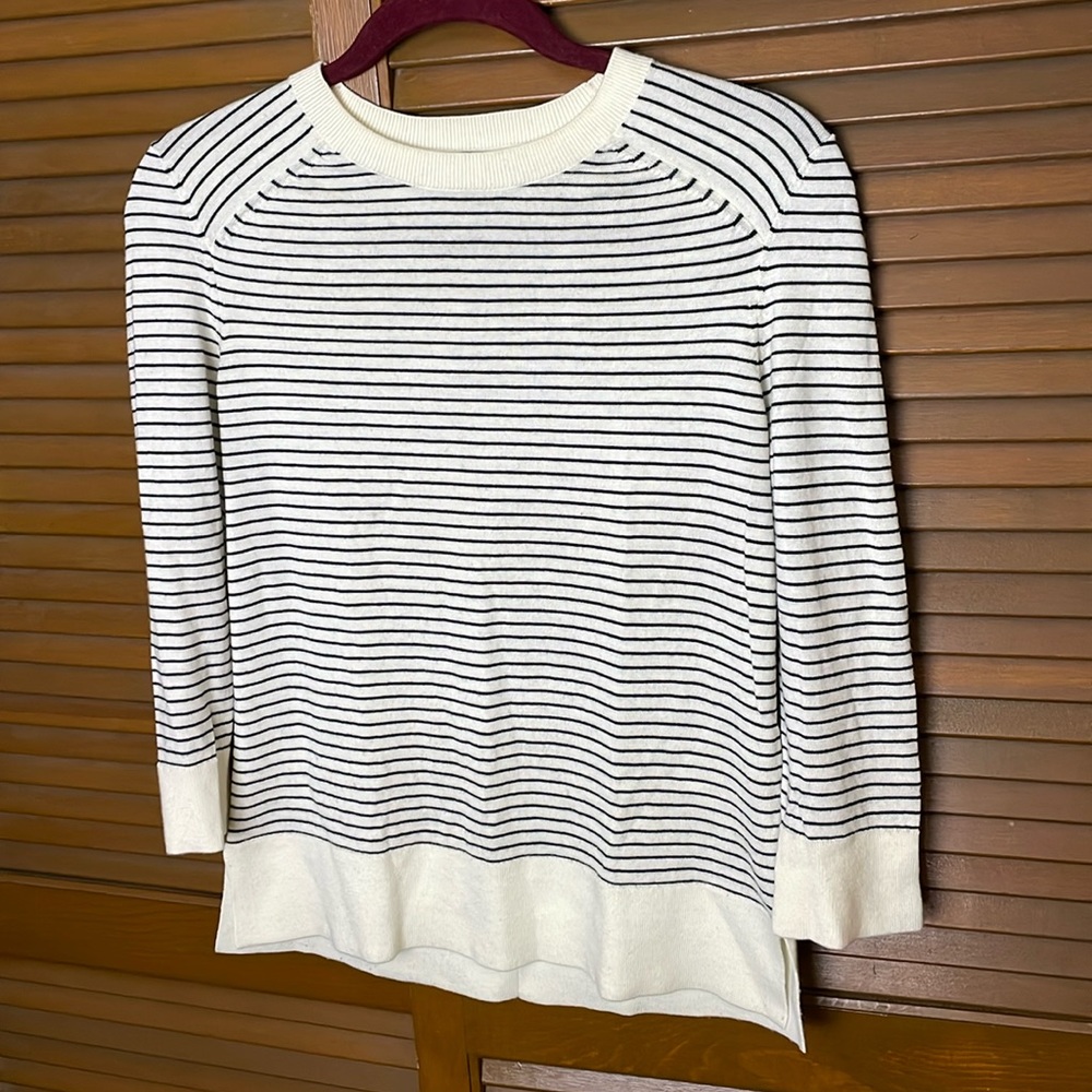 Women's Cream and Black Striped Crewneck Sweater